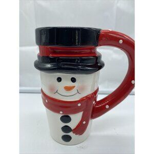 Snowman Mug Ivory Red Christmas Holiday Coffee Hot Chocolate Lid